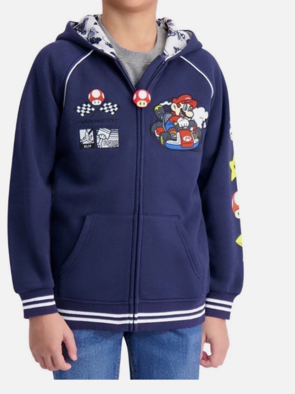 Nintendo Mario Kart Boys Navy Blue Full Zip Hoodie Mario Luigi Graphic Various